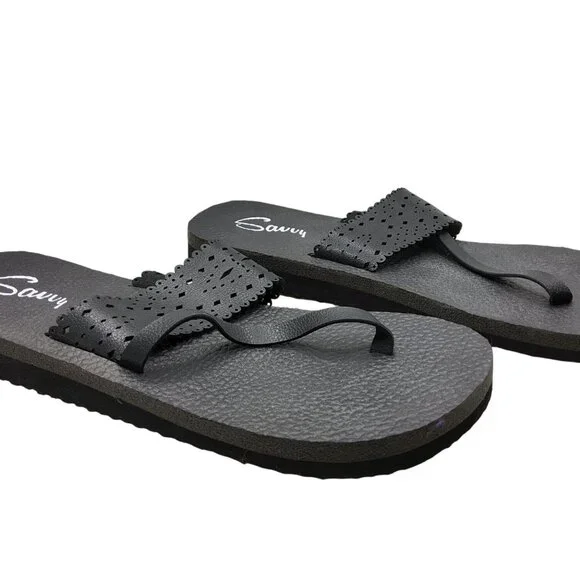Womens Savvy Reed Flat Slip On Black Thong Sandals - Picture 3 of 6